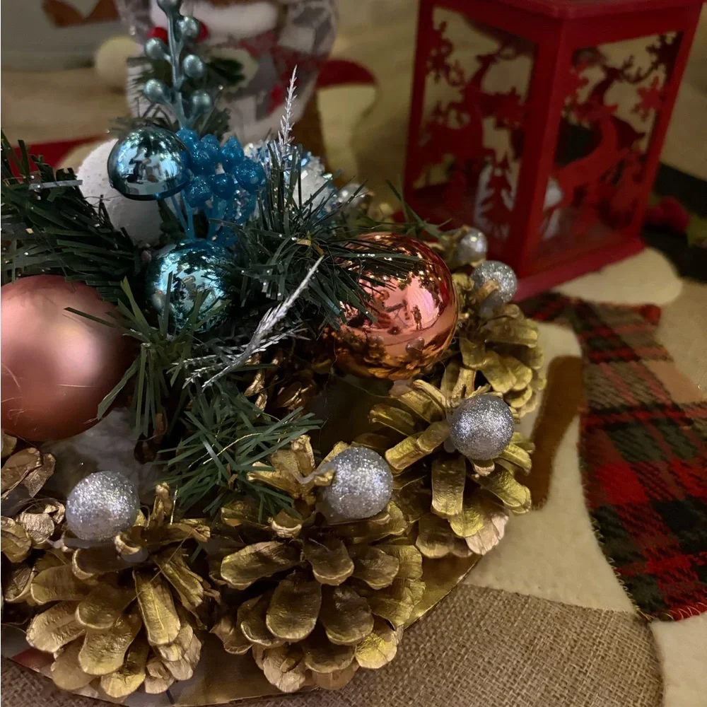 Gold Pinecone Christmas Centerpiece Pink & Blue Ornament Holiday Table Decor